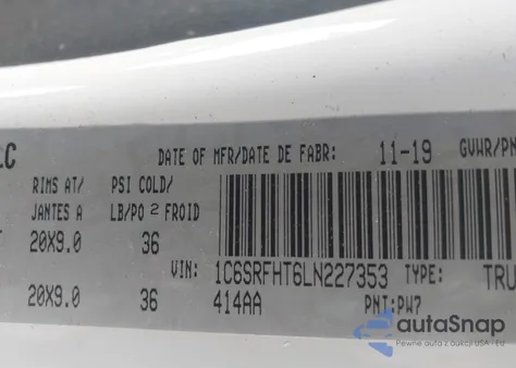 2020 Ram 1500 Limited z USA, uszkodzony, nr VIN 1C6SRFHT6LN227353